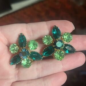 Vintage Green Rhinestone Floral Clip Earrings Beau Jewels